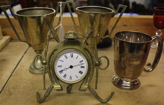 Jockey relating timepiece, 2 trophy cups and a mug